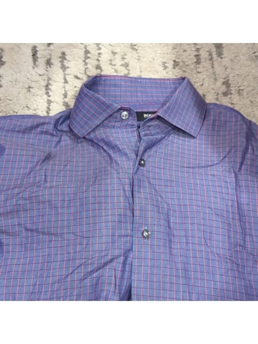 Hugo Boss regular fit purple with pink stripe plaid long sleeve dress shirt